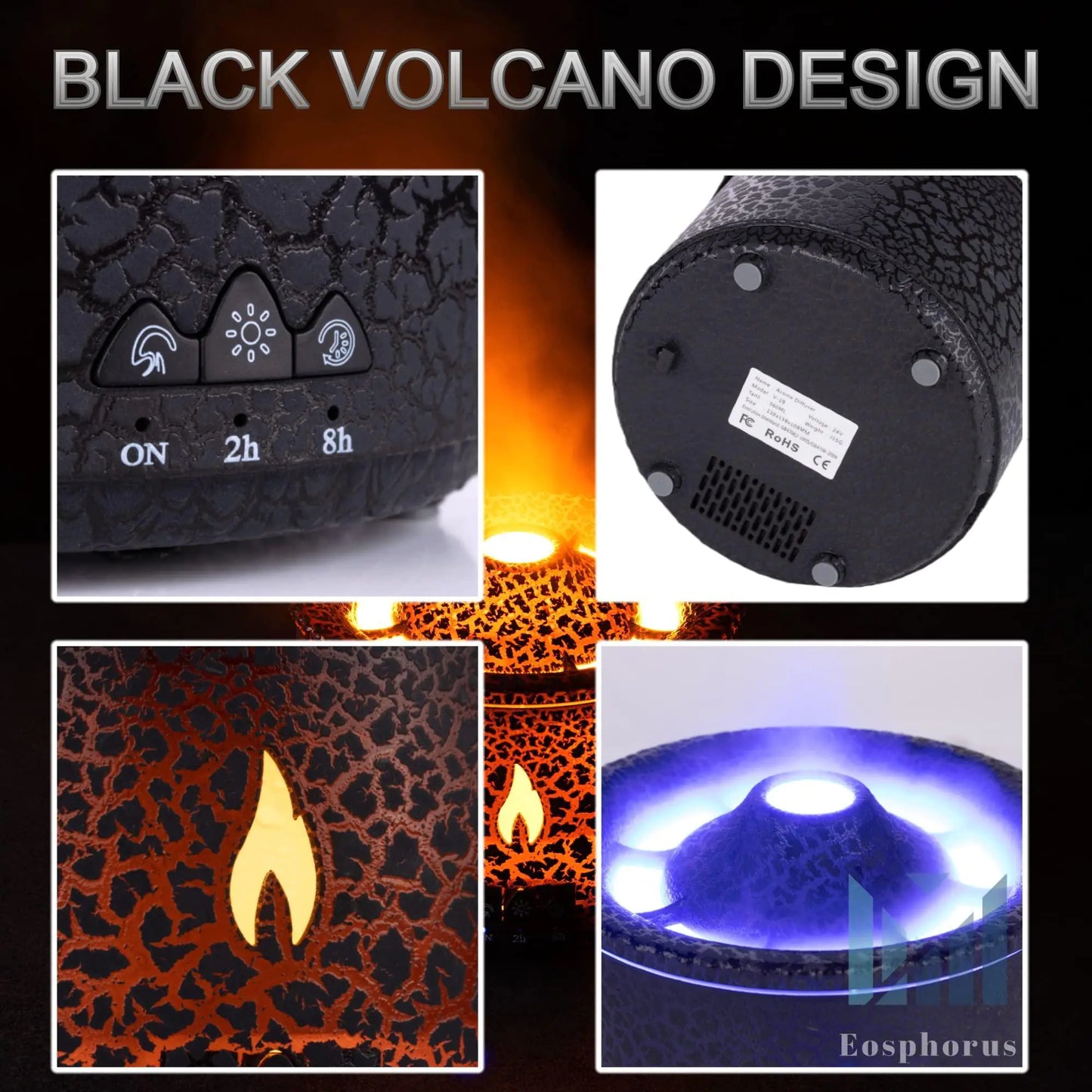 Volcano Diffuser for Essential Oils Aromatherapy Humidifier Diffuser Black 360ml