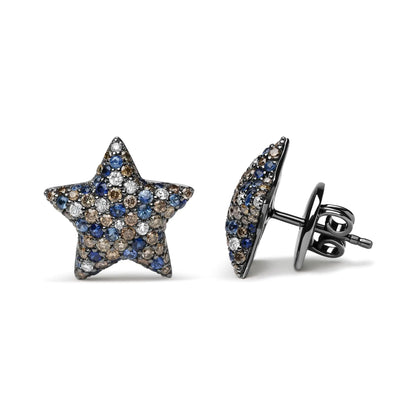 Black Rhodium Plated 18K White Gold 1.00 Cttw Diamond and Round Blue Sapphire Gemstone Micro-Pave Star Stud Earrings (Brown and G-H Color, SI1-SI2 Clarity)