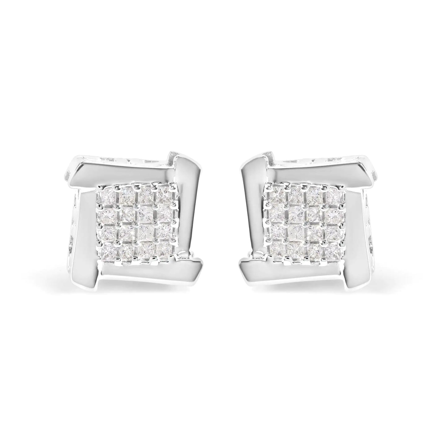 10K White Gold 1/2 Cttw Composite  Princess Diamond Square and Swirl Stud Earrings (I-J Color, I1-I2 Clarity)