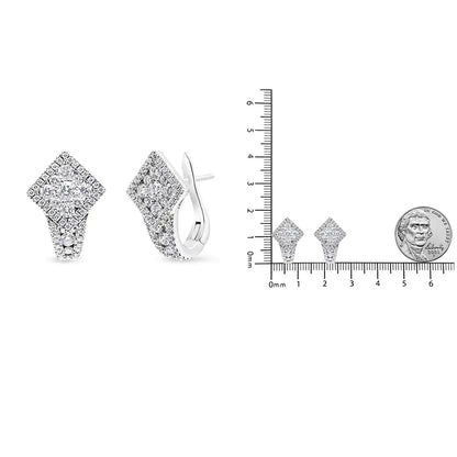 18K White Gold 1 1/10 Cttw Round Diamond Cluster with Halo Hoop Huggie Earring (F-G Color, VS1-VS2 Clarity)