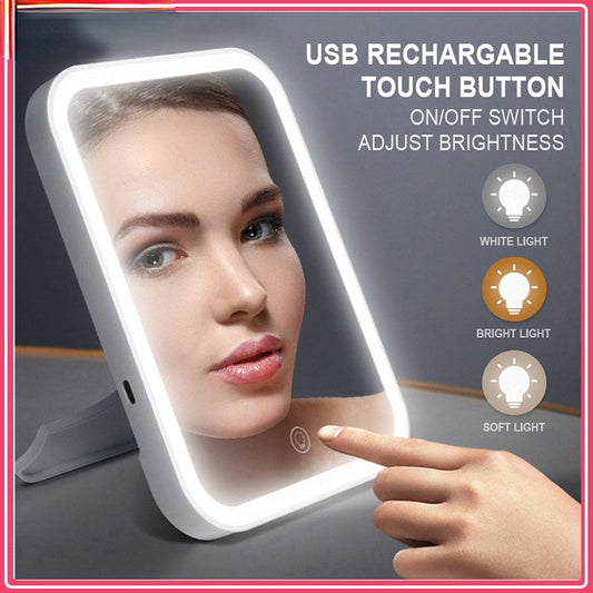 Smart makeup mirror with touch screen, adjustable brightness, and USB charging.