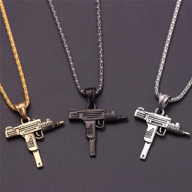 Gold Uzi Gun Pendant Necklace - Crystal Bling Submachine Chain Hip Hop Cyclist Male Necklace