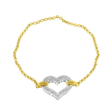 10K Two Tone Gold 1/4 Cttw Diamond Encrusted Heart Charm 7" Bracelet (H-I Color, I1-I2 Clarity)