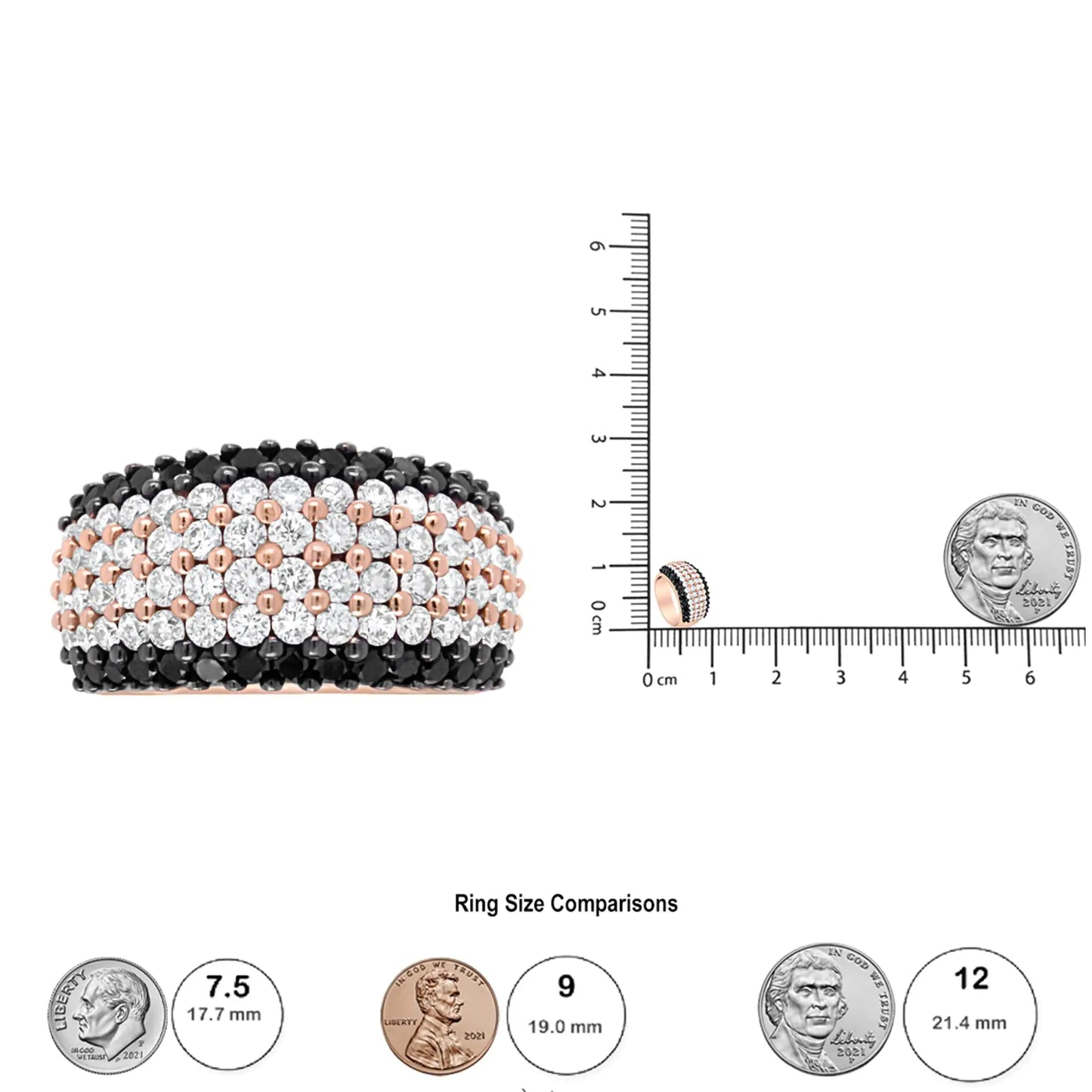 18K Rose Gold 2 1/5 Cttw Black and White Diamond 6 Row Band Ring (F-G and Black Color, VS1-VS2 Clarity)