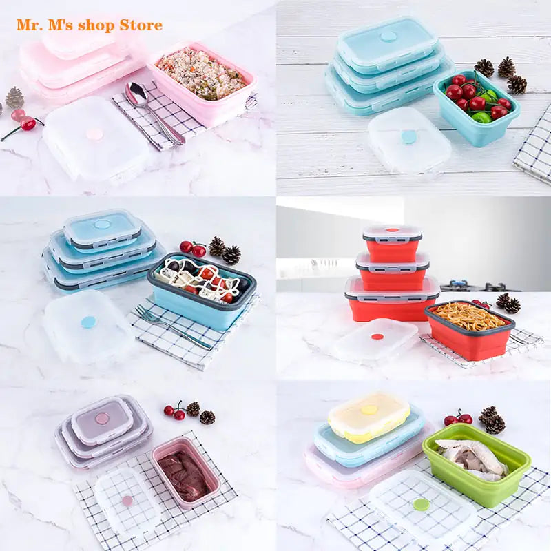 4pcs/set Silicone Rectangle Lunch Box Collapsible Bento Box Folding Food Container Bowl 300/500/800/1200ml for Dinnerware