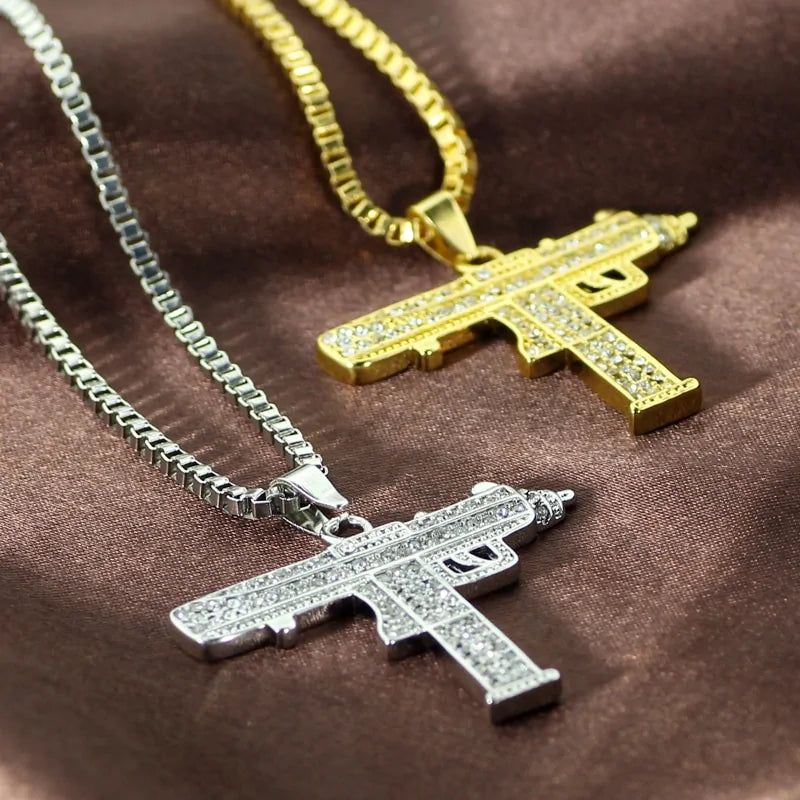 Gold Uzi Gun Pendant Necklace - Crystal Bling Submachine Chain Hip Hop Cyclist Male Necklace