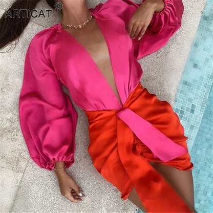 Satin Set Women V-Neck