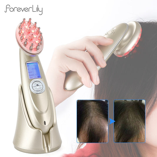 Electric laser hair growth comb with infrared EMS, RF vibration massager for hair care and regrowth.