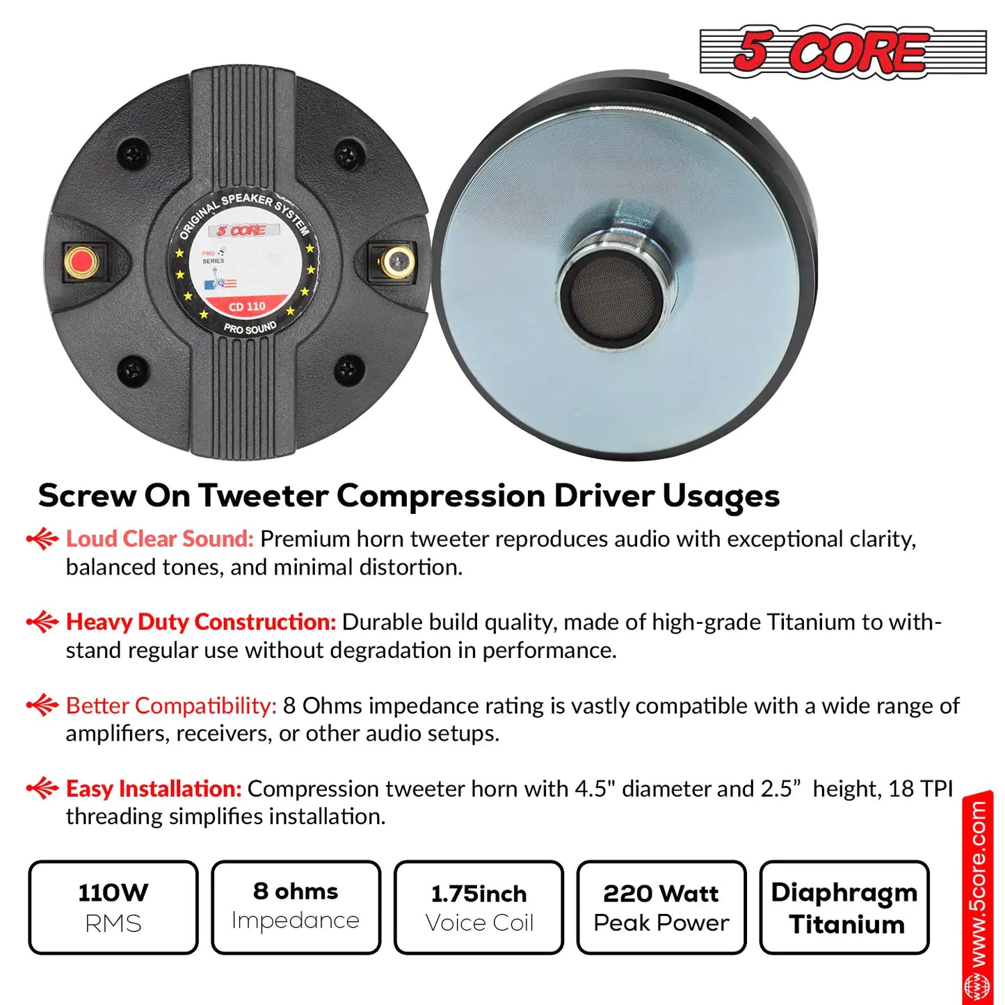 5 Core Compression Driver 3.5 Inch Tweeter Horn Throat 220W Peak Loud 8 Ohm Titanium Diaphragm