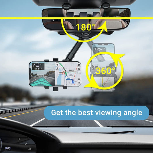 360° Rotatable Smart Phone Car Holder showcased on a car dashboard, illustrating flexible rotation and adjustable angles for optimal viewing.