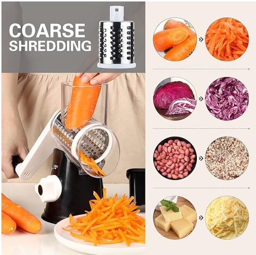 Kitchen manual grater demonstrating coarse shredding and versatility for vegetables and nuts.