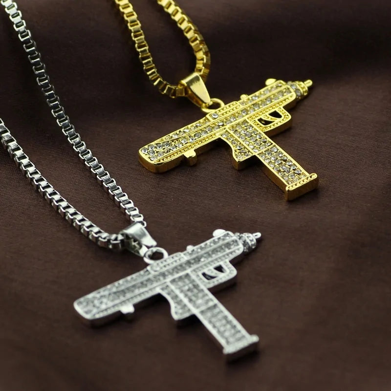 Gold Uzi Gun Pendant Necklace - Crystal Bling Submachine Chain Hip Hop Cyclist Male Necklace