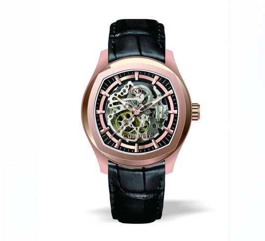 CRLi eSqueleto RZ luxury watch with black leather strap and skeletonized dial.