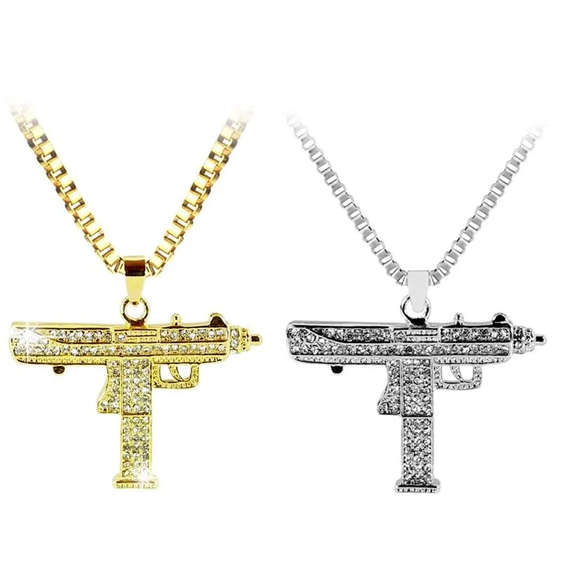 Gold Uzi Gun Pendant Necklace - Crystal Bling Submachine Chain Hip Hop Cyclist Male Necklace