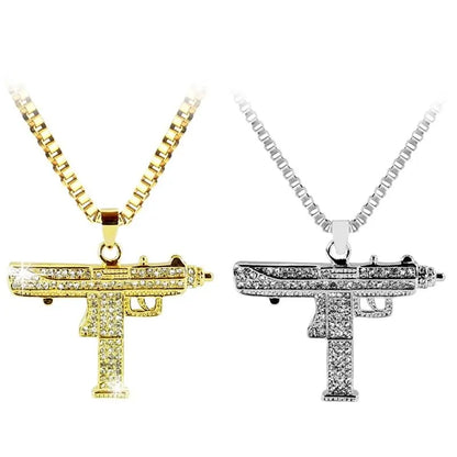 Gold Uzi Gun Pendant Necklace - Crystal Bling Submachine Chain Hip Hop Cyclist Male Necklace