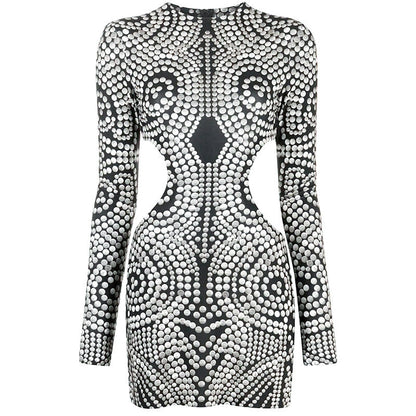 Women Clothing Early Autumn Sexy Print Long Sleeve Round Neck Sheath