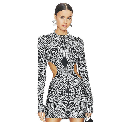 Women Clothing Early Autumn Sexy Print Long Sleeve Round Neck Sheath