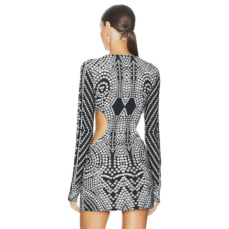 Women Clothing Early Autumn Sexy Print Long Sleeve Round Neck Sheath