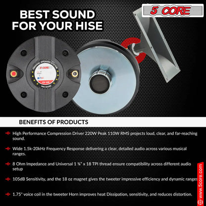 5 Core Compression Driver 3.5 Inch Tweeter Horn Throat 220W Peak Loud 8 Ohm Titanium Diaphragm