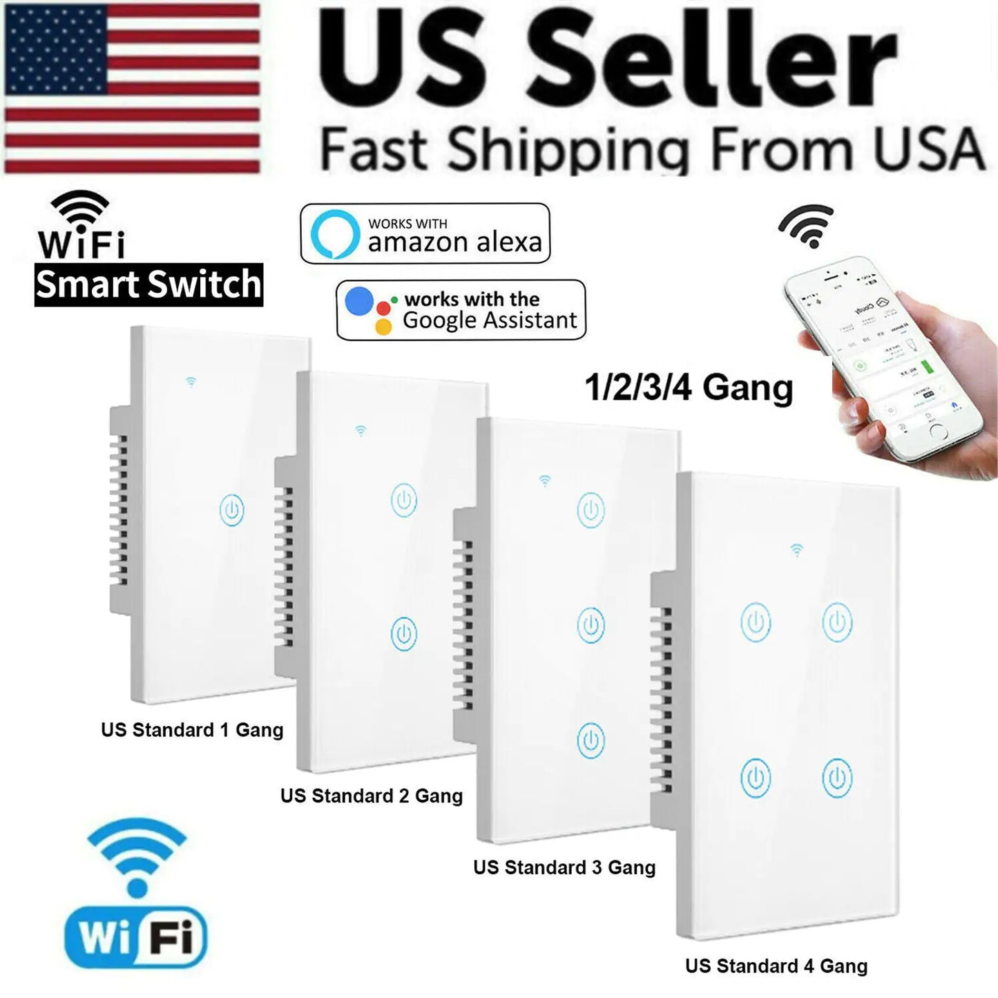 1234 Gang WiFi Smart Wall Touch Light Switch Glass Panel compatible with Alexa and Google Assistant.