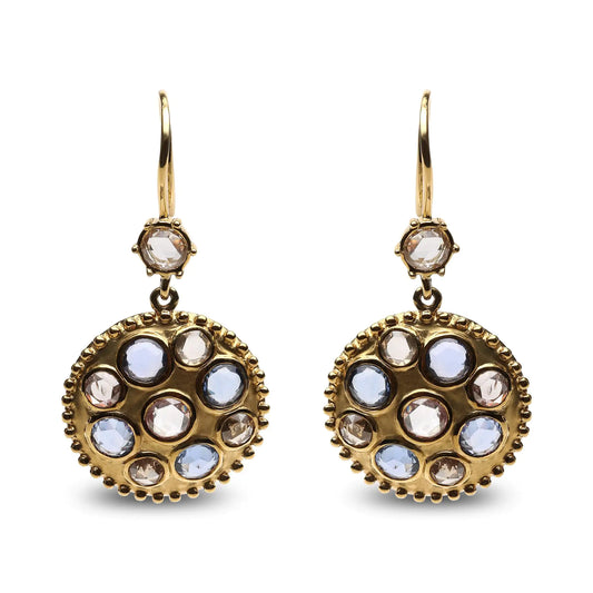 18K Yellow Gold 1 2/3 Cttw Diamond and Blue Sapphire Bezel Set Gemstone Cluster Medallion Dangle Earrings (Brown and G-H Color, SI1-SI2 Clarity)