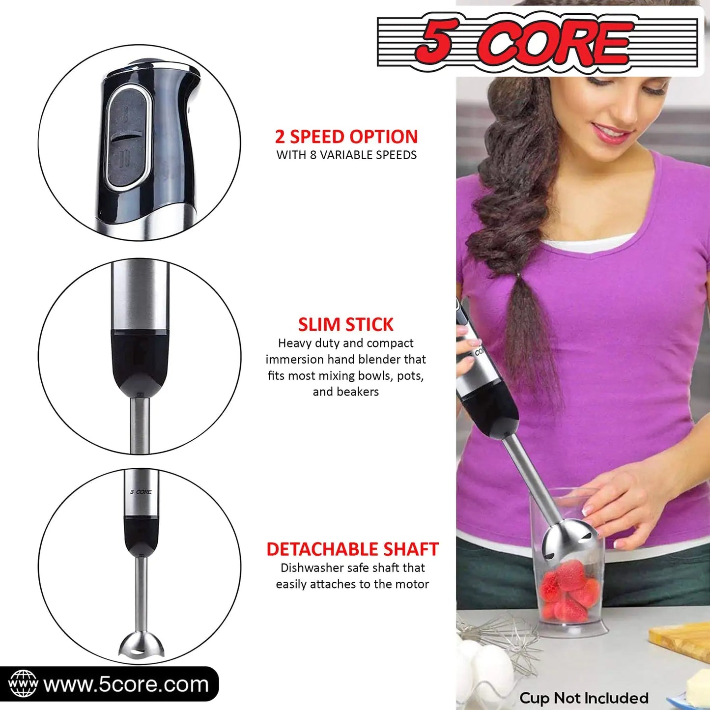 5Core Immersion Hand Blender 500W Stick Handheld Mixer Kitchen Electric Whisk