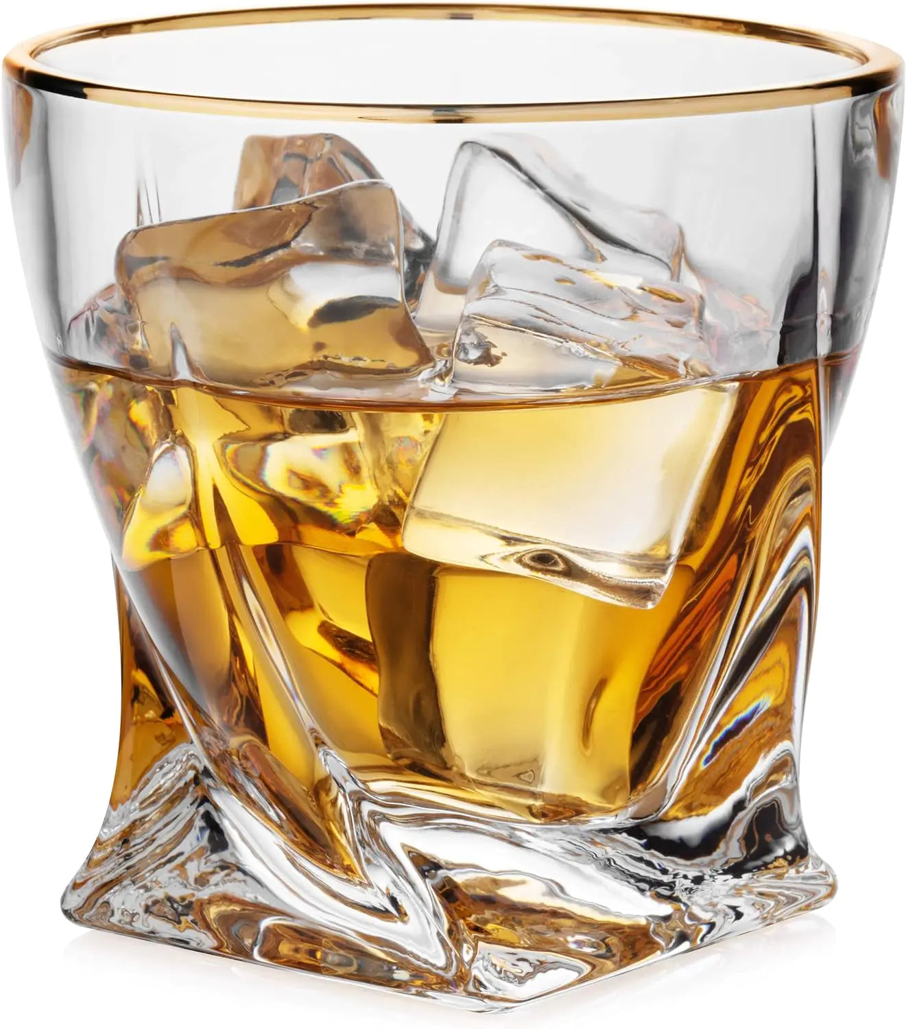 Gold-rimmed twisted whiskey glass with ice cubes and drink.