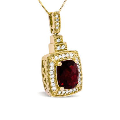 14K Yellow Gold 1/5 Cttw Round Diamond and 9x7mm Cushion Cut Red Garnet Halo 18" Pendant Necklace (H-I Color, VS1-VS2 Clarity)