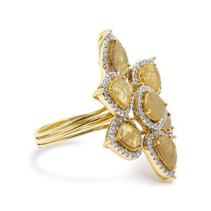 14K Yellow Gold 8 1/10 Cttw Yellow Rose Cut Diamond Floral Petal Cocktail Ring (Yellow/I-J Color, I1-I2 Clarity) - Size 7