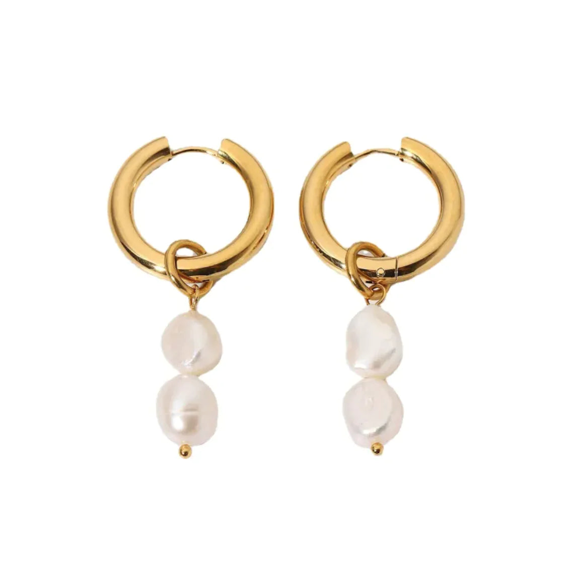 Double Freshwater Pearl Pendant Earrings - Gold-Plated Stainless Steel