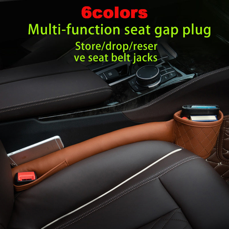 Leather Car Seat Gap Filler with pockets in brown; sleek, easy to install accessory for phone and card storage.