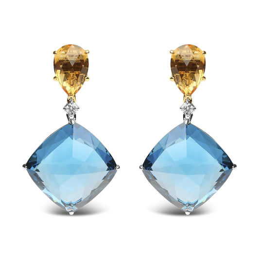 18K White and Yellow Gold 1/6 Cttw Diamond with Pear Cut Yellow Citrine and 20mm Cushion Cut Blue Topaz Gemstone Dangle Earrings (G-H Color, SI1-SI2 Clarity)