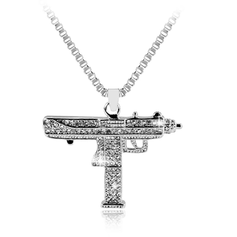 Gold Uzi Gun Pendant Necklace - Crystal Bling Submachine Chain Hip Hop Cyclist Male Necklace