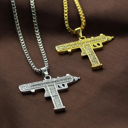 Gold Uzi Gun Pendant Necklace - Crystal Bling Submachine Chain Hip Hop Cyclist Male Necklace