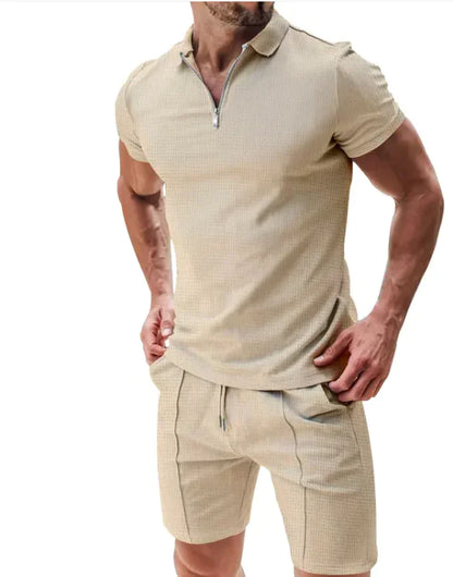 Men's 2-Piece Waffle Zip Polo & Drawstring Shorts Set