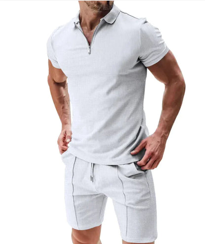 Men's 2-Piece Waffle Zip Polo & Drawstring Shorts Set