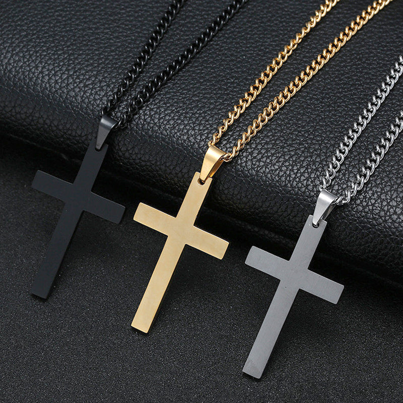 Cross necklaces in titanium and stainless steel in black, gold, and silver colors.