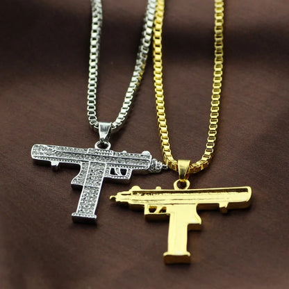 Gold Uzi Gun Pendant Necklace - Crystal Bling Submachine Chain Hip Hop Cyclist Male Necklace