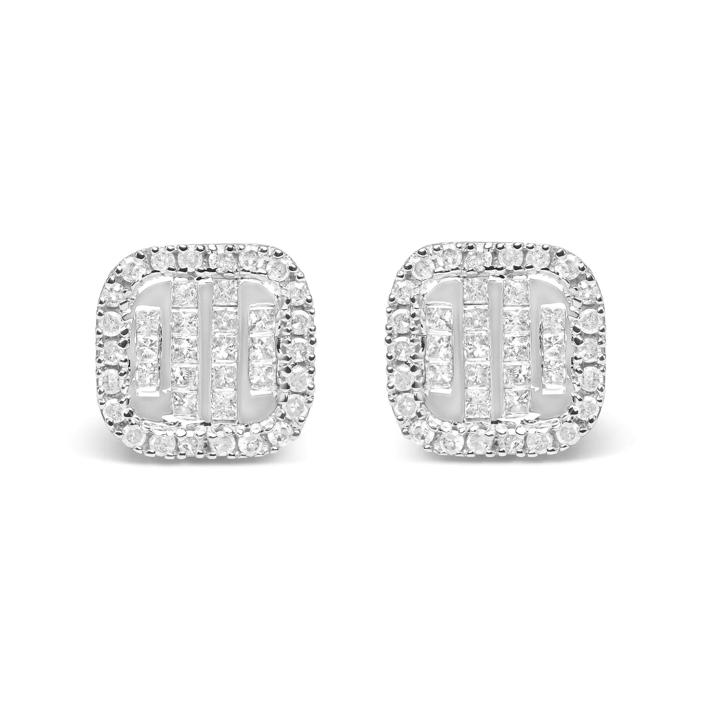 10K White Gold 7/8 Cttw Diamond Princess Composite and Halo Stud Earrings (I-J Color, I1-I2 Clarity)