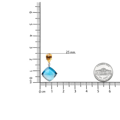 18K White and Yellow Gold 1/6 Cttw Diamond with Pear Cut Yellow Citrine and 20mm Cushion Cut Blue Topaz Gemstone Dangle Earrings (G-H Color, SI1-SI2 Clarity)