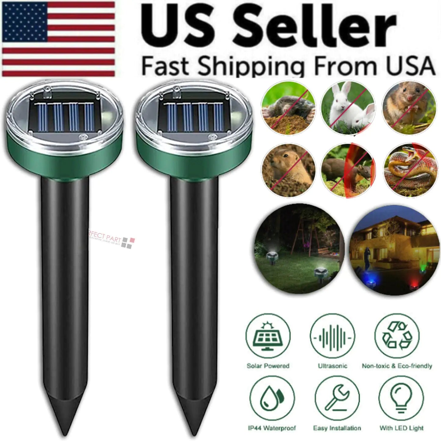 Solar power animal repeller ultrasonic rodent and pest control stakes with LED, 2-pack.