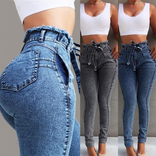 women's jeans Slim stretch tassel belt high waist jeans women