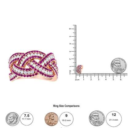 18K Rose Gold Red Ruby and 7/8 Cttw Diamond Woven Braided Band Ring (F-G Color, VS1-VS2 Clarity)