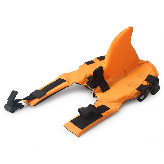 Orange dog life vest with adjustable straps and fin design.