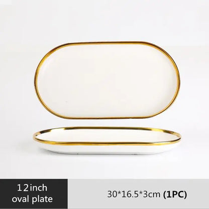 High-quality Matte Gilt Rim White Porcelain Dinner Tray Kitchen Plates Ceramic Tableware Food Dishes Rice Salad Noodles Bowl