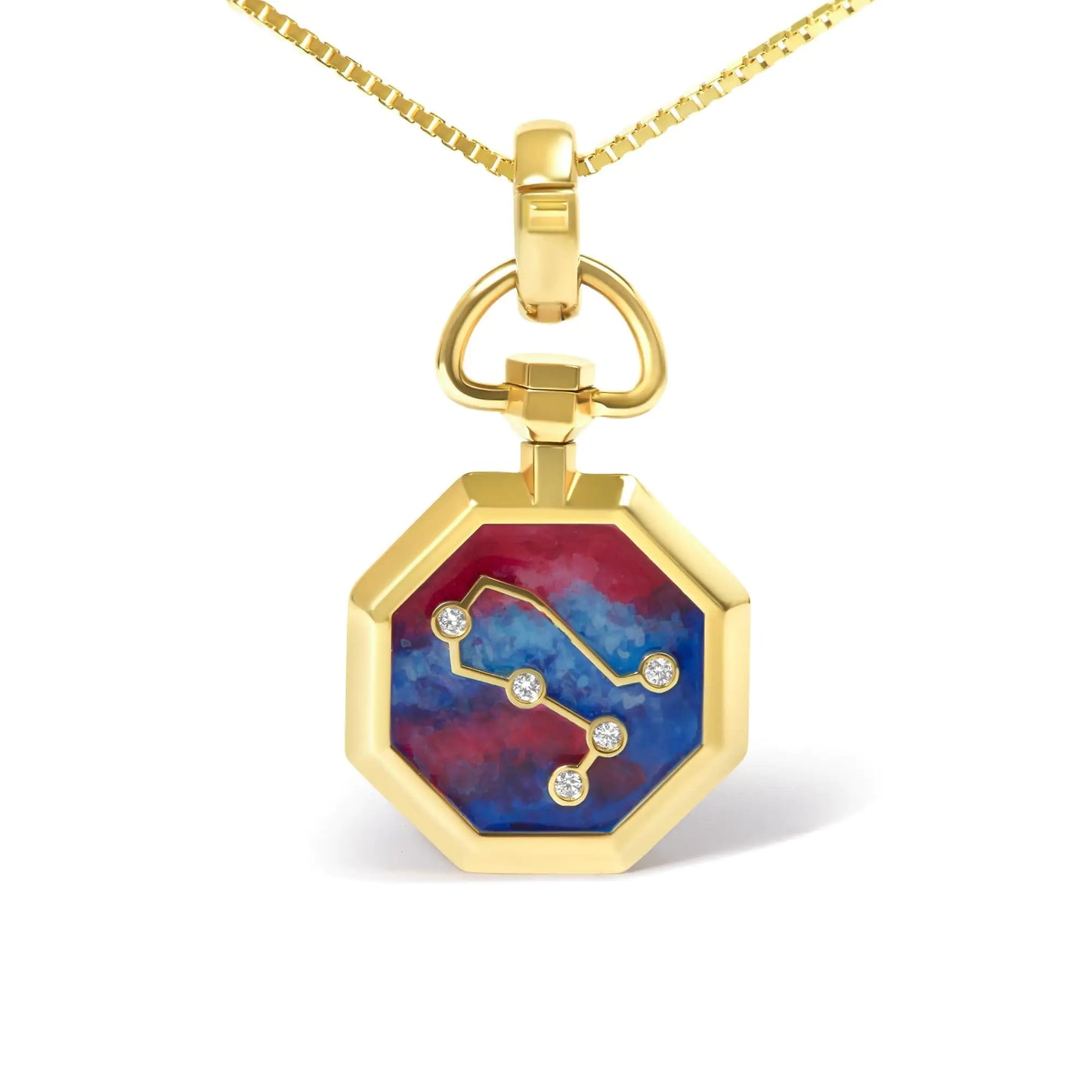 18K Yellow Gold Diamond Gemini Constellation with Red and Blue Enamel 18" Inch Pendant Necklace (H-I Color, SI2-I1 Clarity)