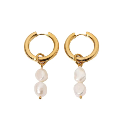 Double Freshwater Pearl Pendant Earrings - Gold-Plated Stainless Steel