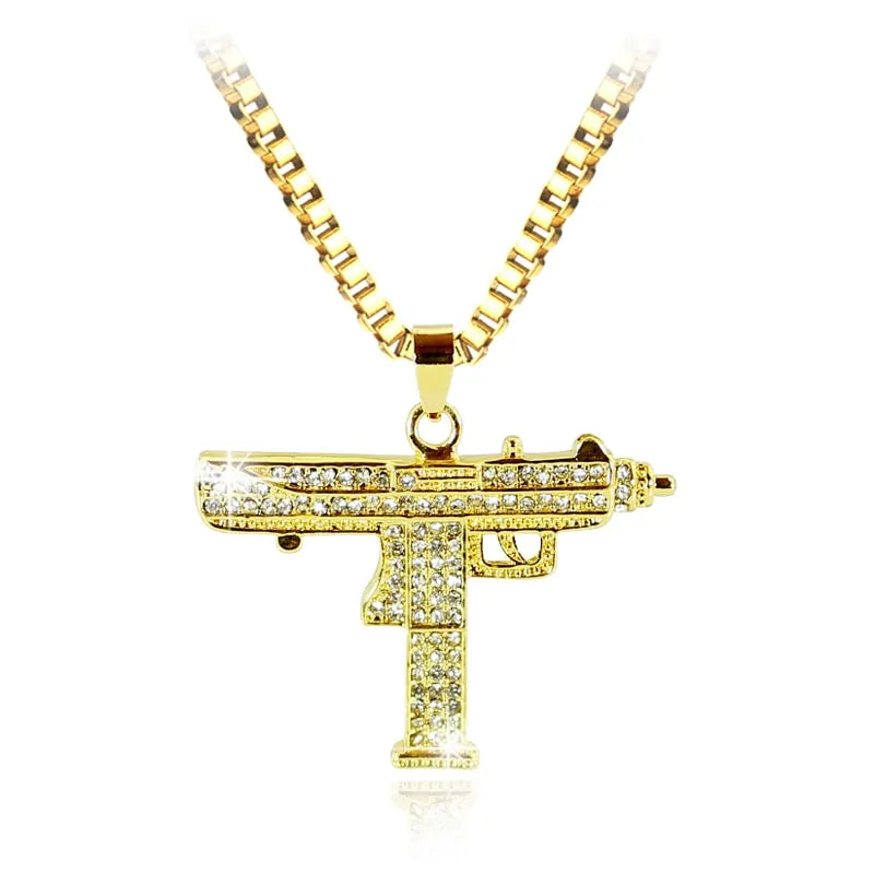 Gold Uzi Gun Pendant Necklace - Crystal Bling Submachine Chain Hip Hop Cyclist Male Necklace