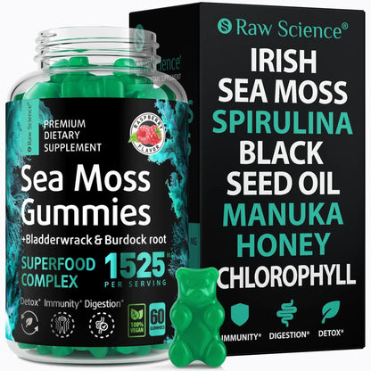 Irish Sea Moss Gummies 60 Gummies Detox & Thyroid Support for Women & Men Black